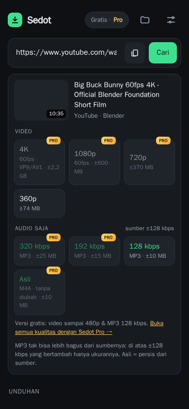 Pilihan kualitas video dan MP3 di Sedot